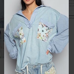 POL Floral Print Half button Denim jean Knit Long Sleeve top